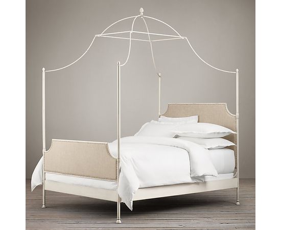Restoration Hardware 19th C. Campaign Upholstered Iron Canopy Bed Distressed White, фото 1