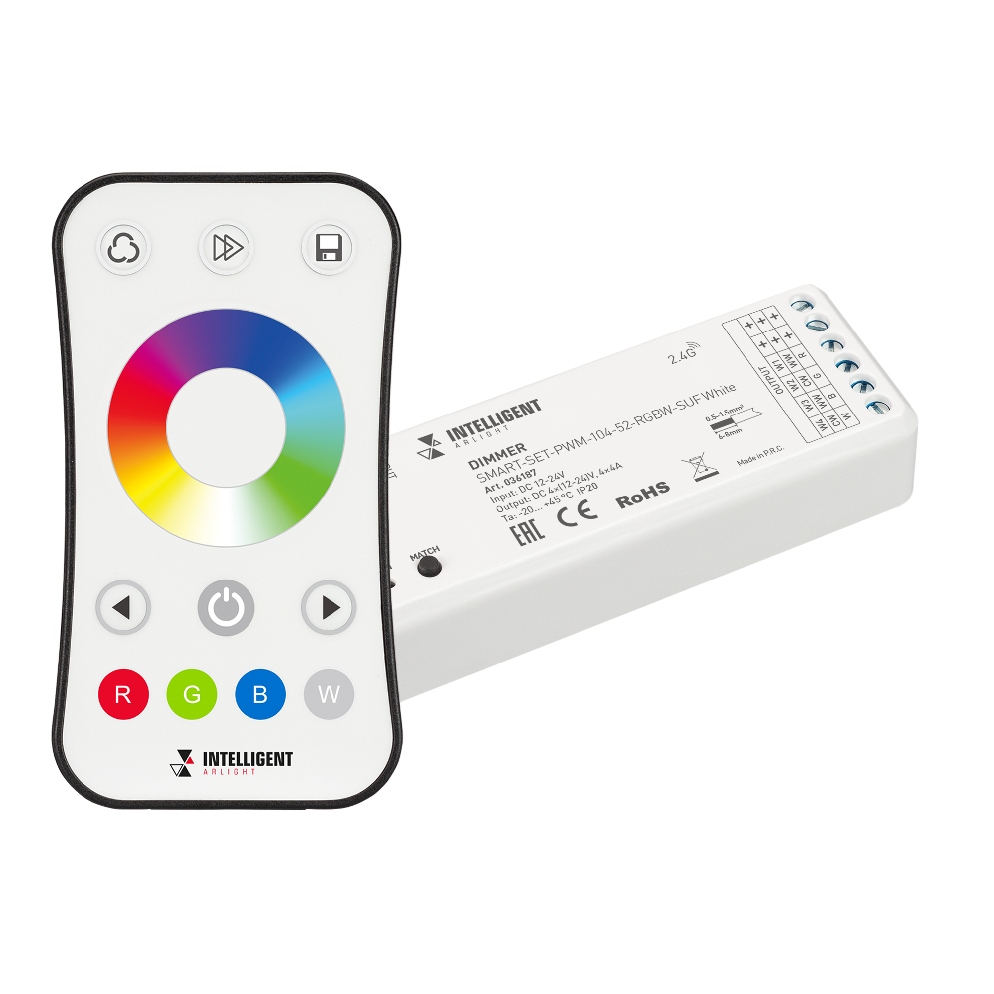 INTELLIGENT ARLIGHT Диммер SMART-SET-PWM-104-52-RGBW-SUF White (12-24V, 4x4A, ПДУ RING 10кн, 2.4G) (IARL, IP20 Пластик, 5 лет) 036187