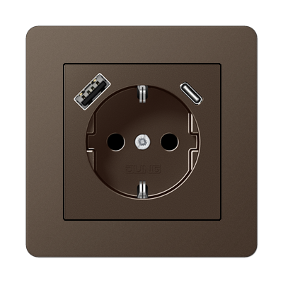 Jung A-Flow Розетка электрическая 2к+з с двумя разъемами USB для зарядки , цвет мокко A-A-flow16