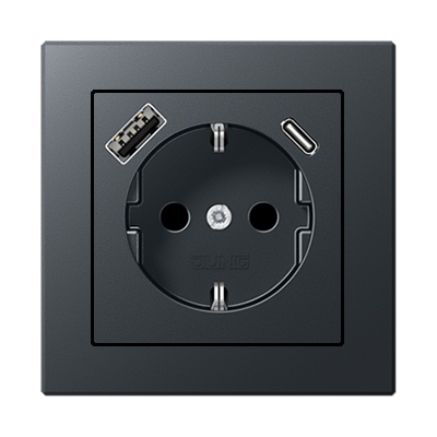 Jung A Creation пластик Розетка электрическая 2к+з с двумя разъемами USB для зарядки , цвет Антрацит A-Creation6