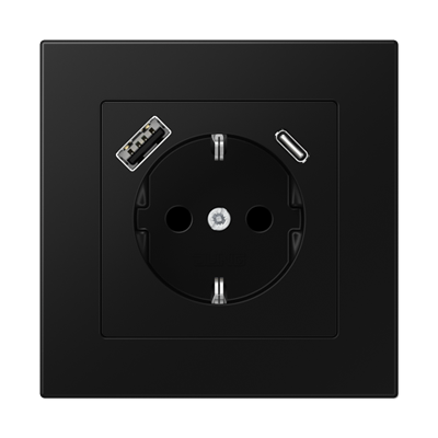 Jung A 550 Розетка электрическая 2к+з с двумя разъемами USB для зарядки , цвет Черный матовый A550-6