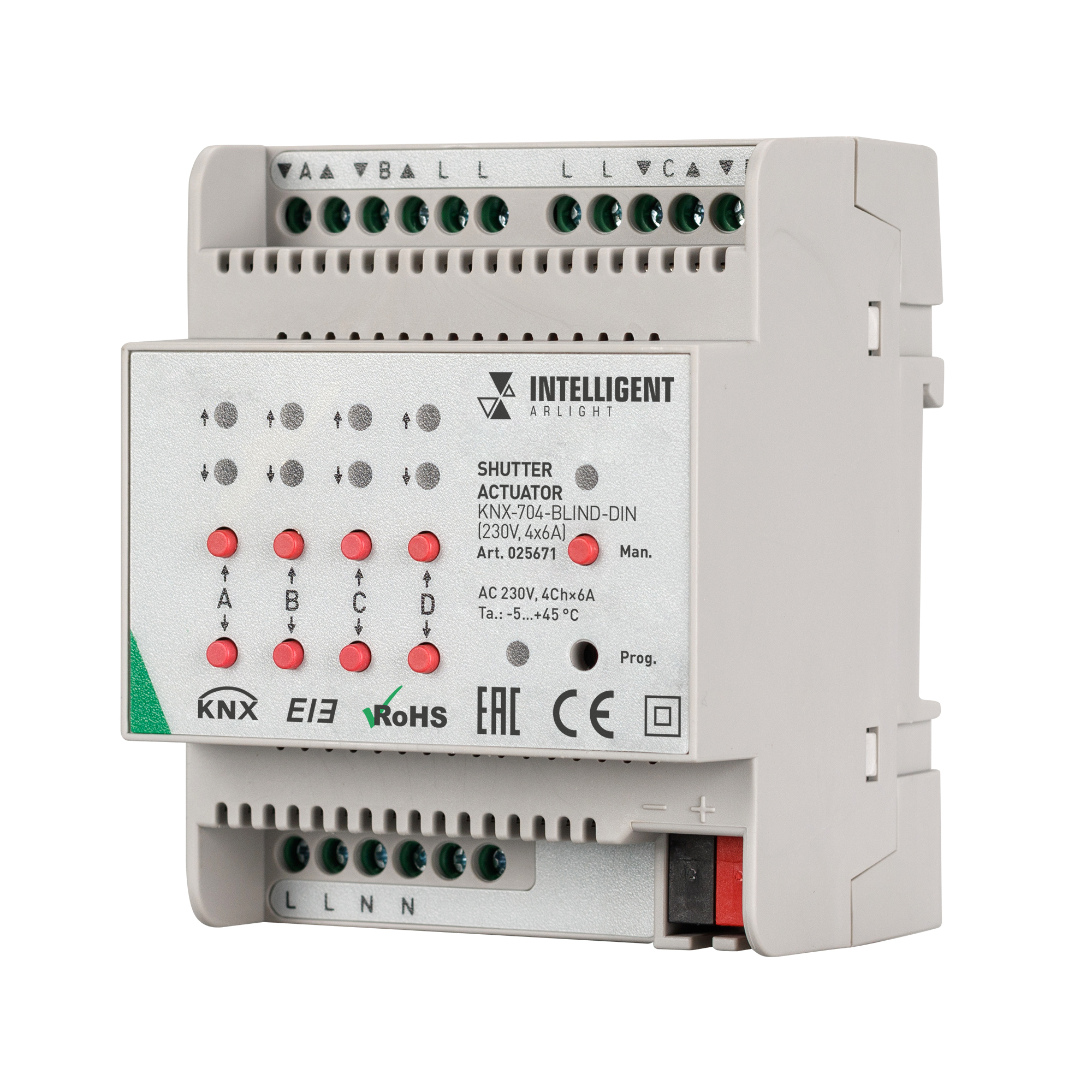 INTELLIGENT ARLIGHT Контроллер штор KNX-704-BLIND-DIN (230V, 4x6A) (IARL, Пластик) 025671