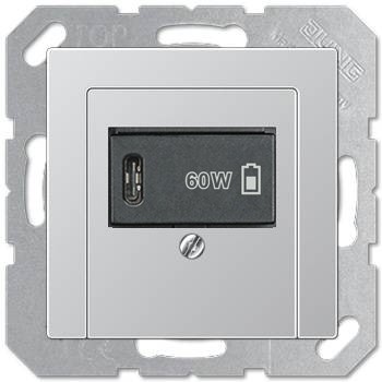 USB розетка для зарядки мобильных устройств тип C, 5-60W, алюминий, Jung