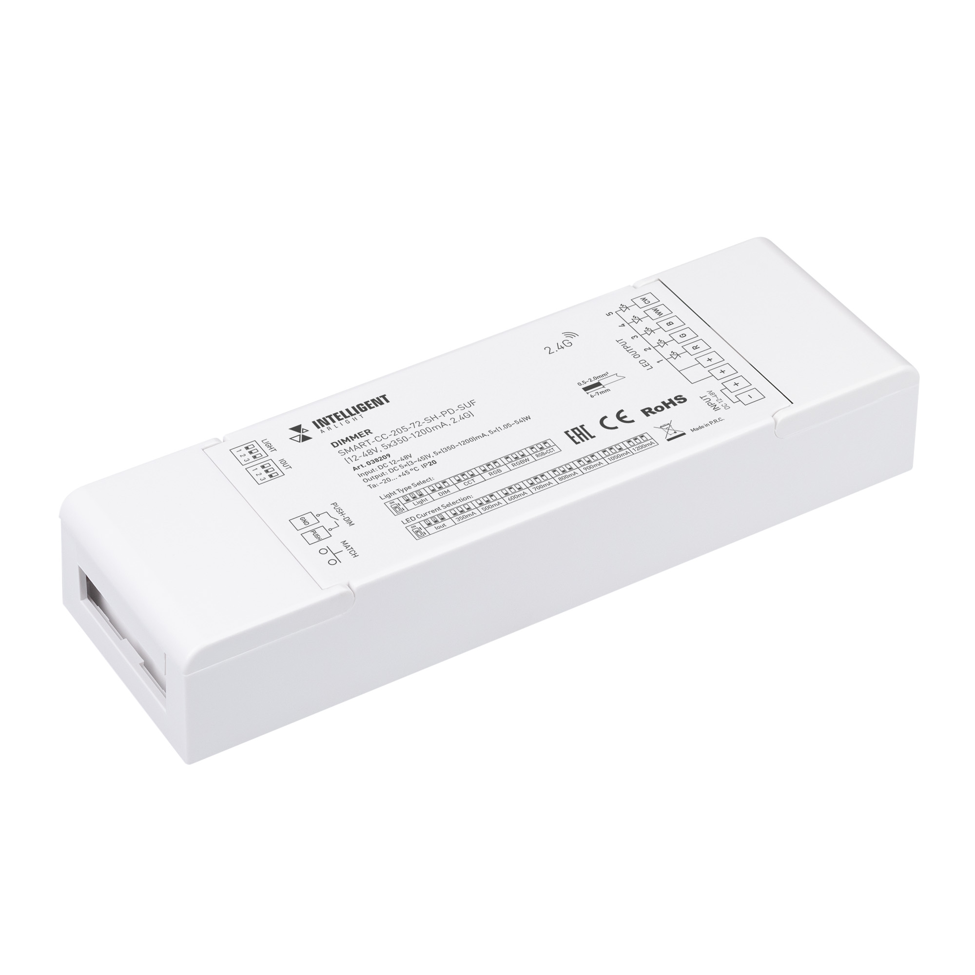 INTELLIGENT ARLIGHT Диммер SMART-CC-205-72-SH-PD-SUF (12-48V, 5x350-1200mA, 2.4G) (IARL, IP20 Пластик, 5 лет) 038209