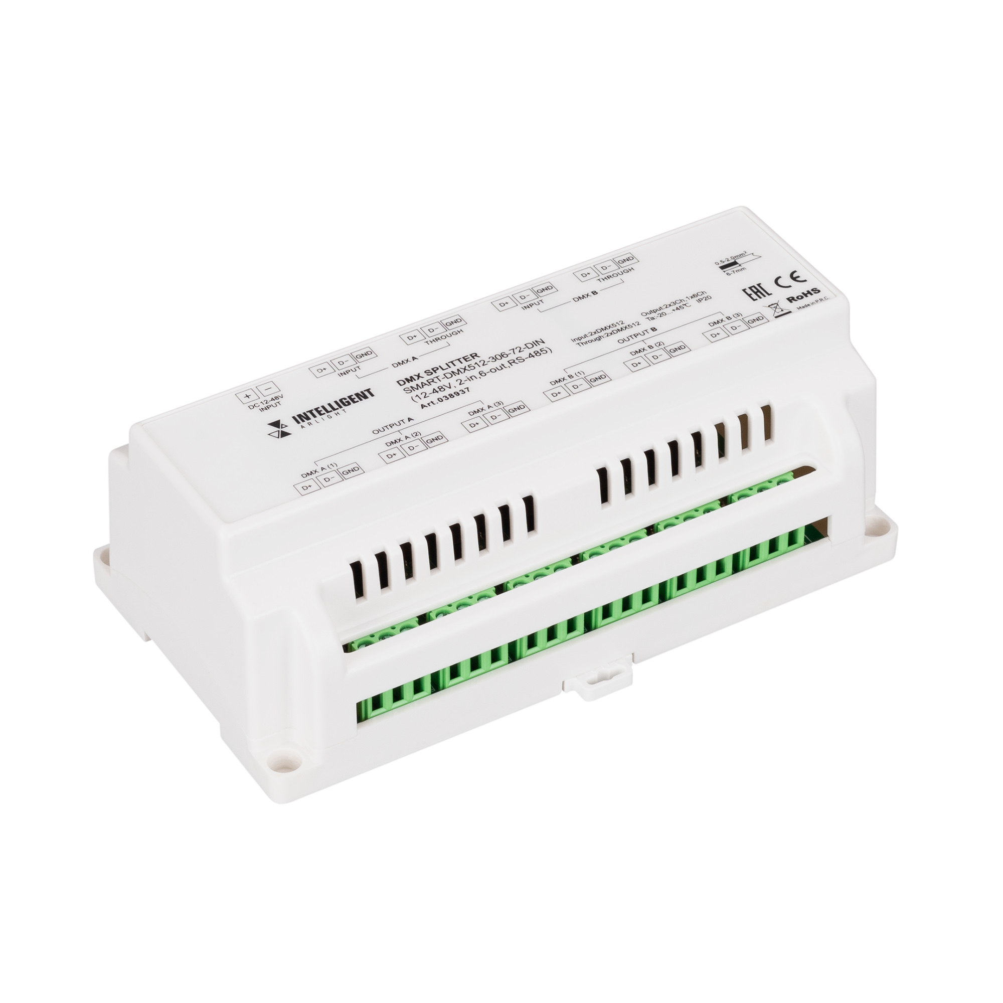 Arlight INTELLIGENT ARLIGHT Сплиттер SMART-DMX512-306-72-DIN (12-48V, 2-in, 6-out, RS-485) (IARL, IP20 Металл, 5 лет) 038937
