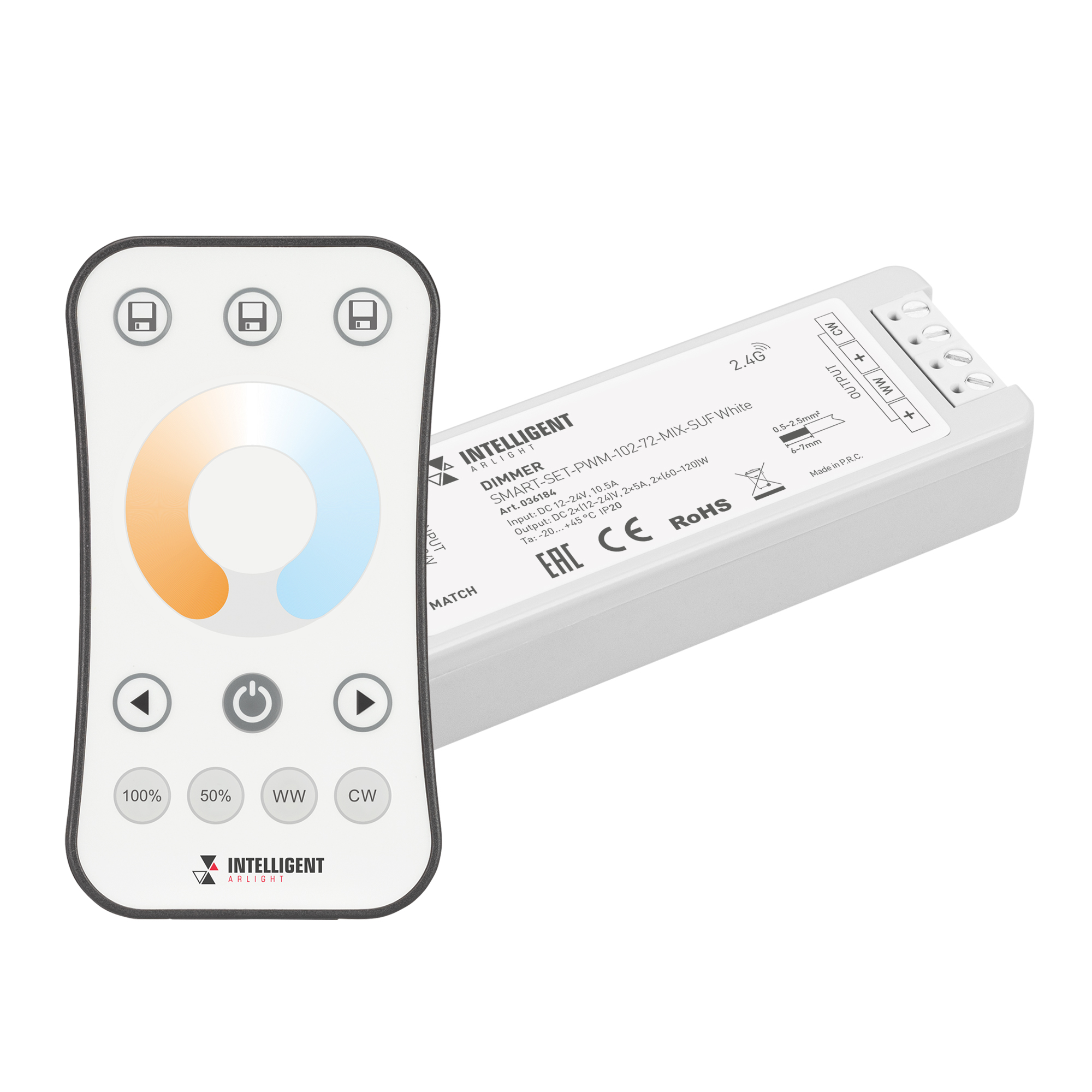 INTELLIGENT ARLIGHT Диммер SMART-SET-PWM-102-72-MIX-SUF White (12-24V, 2x5A, ПДУ RING 10кн, 2.4G) (IARL, IP20 Пластик, 5 лет) 036184