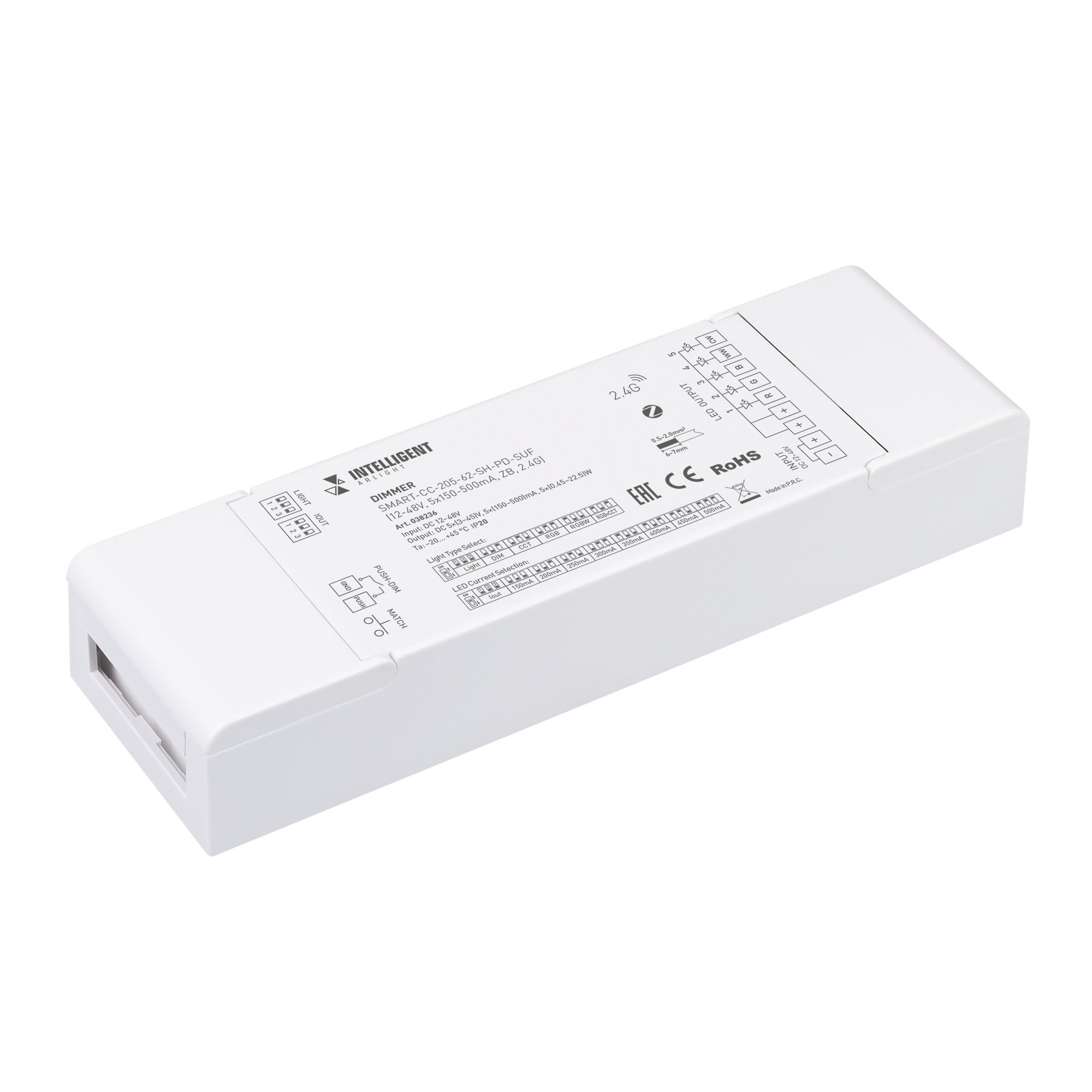 INTELLIGENT ARLIGHT Диммер SMART-CC-205-62-SH-PD-SUF (12-48V, 5x150-500mA, ZB, 2.4G) (IARL, IP20 Пластик, 5 лет) 038236